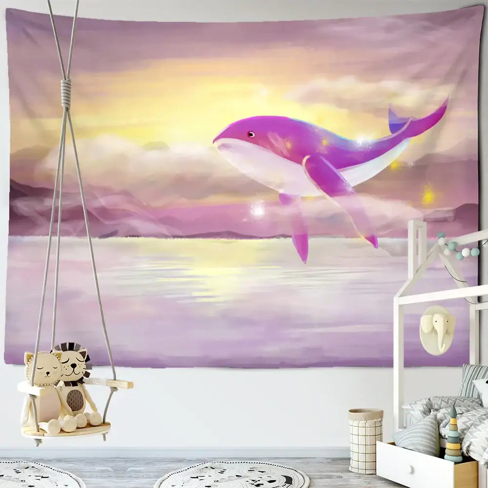 Whimsical teal & white dream whale tapestry wall hanging kids room