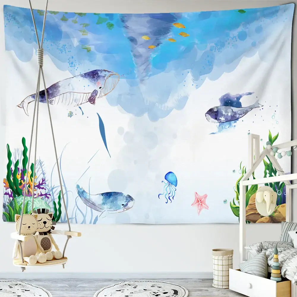 Whimsical teal & white dream whale tapestry wall hanging kids room