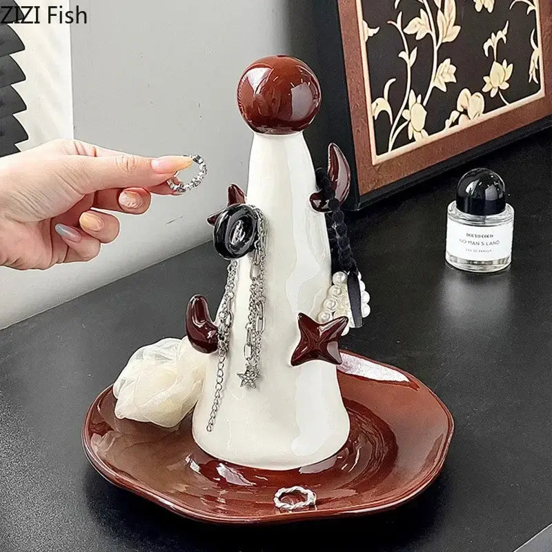Whimsical white and brown ceramic jewelry display stand bedroom decor