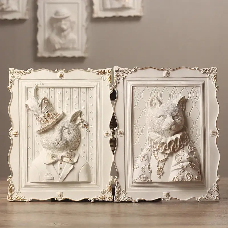 Whimsical white and gold cat portrait wall decoration frame bedroom
