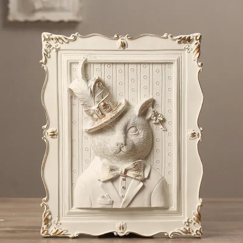 Whimsical white and gold cat portrait wall decoration frame bedroom