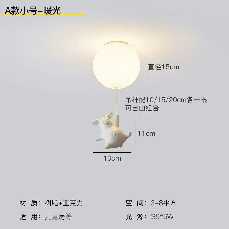 Whimsical white balloon flying pig resin led ceiling light bedroom