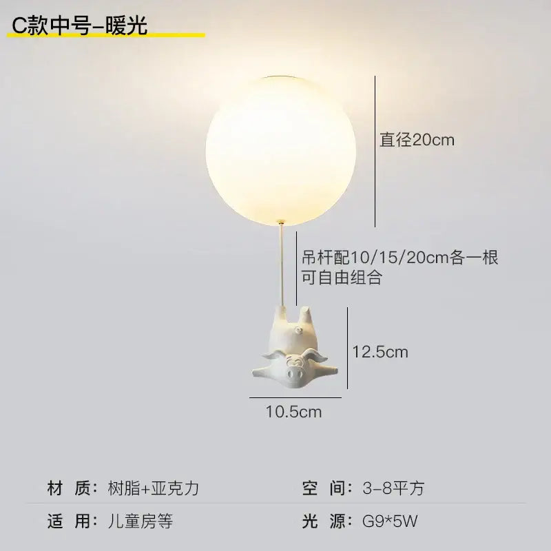 Whimsical white balloon flying pig resin led ceiling light bedroom