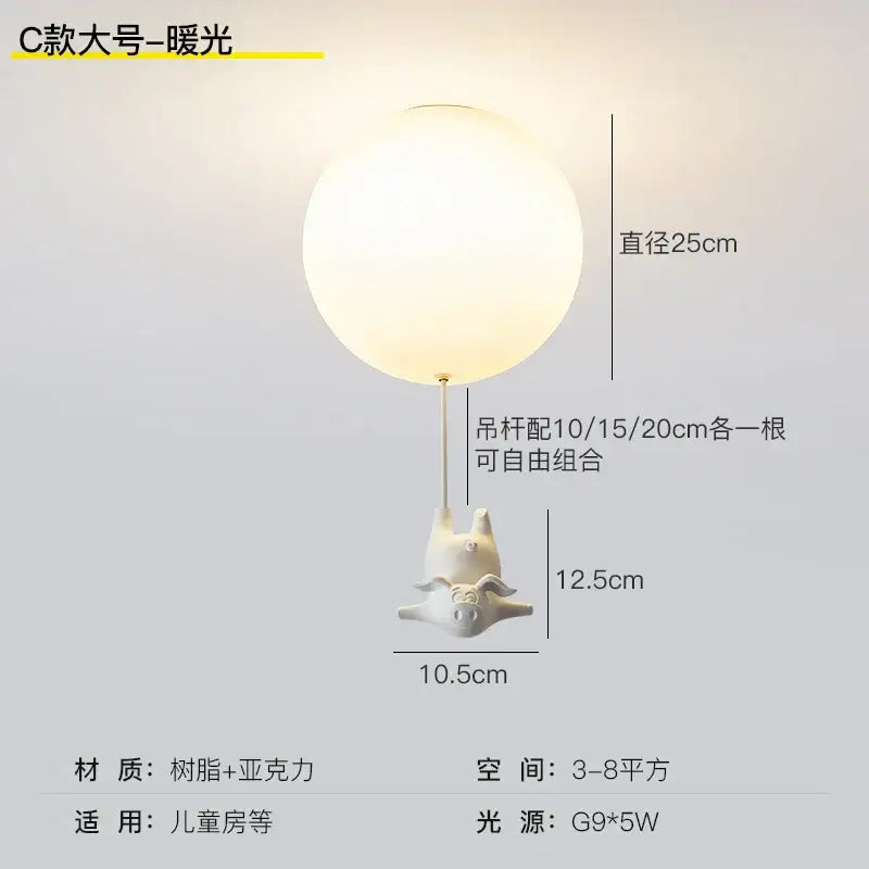 Whimsical white balloon flying pig resin led ceiling light bedroom