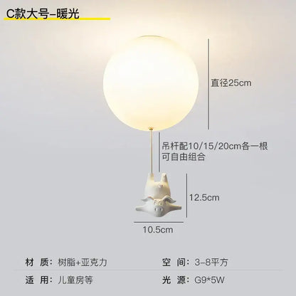 Whimsical white balloon flying pig resin led ceiling light bedroom