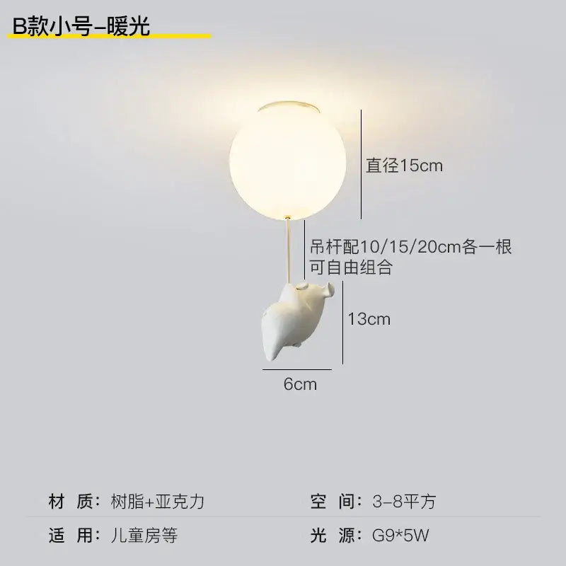 Whimsical white balloon flying pig resin led ceiling light bedroom