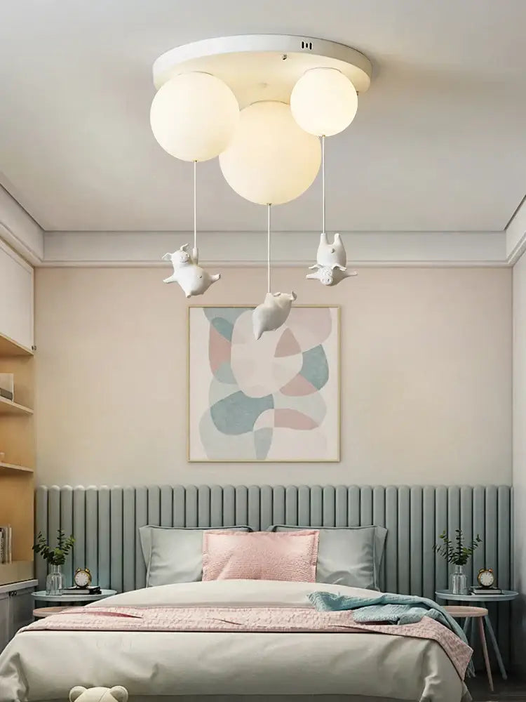 Whimsical white balloon flying pig resin led ceiling light bedroom