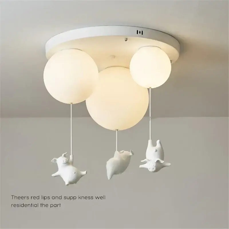Whimsical white balloon flying pig resin led ceiling light bedroom