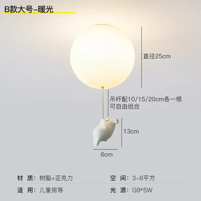 Whimsical white balloon flying pig resin led ceiling light bedroom
