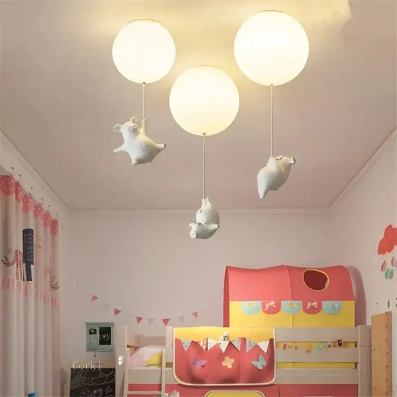 Whimsical white balloon flying pig resin led ceiling light bedroom