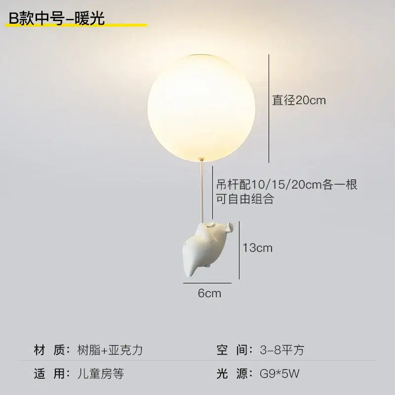 Whimsical white balloon flying pig resin led ceiling light bedroom
