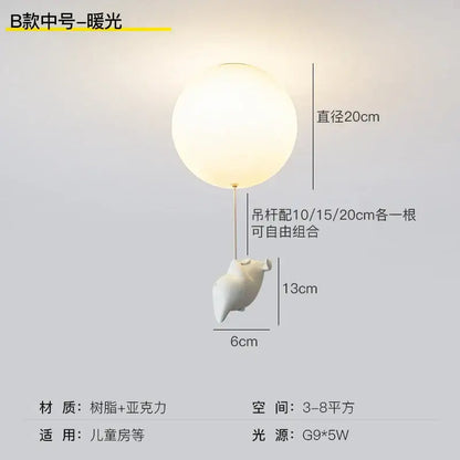 Whimsical white balloon flying pig resin led ceiling light bedroom