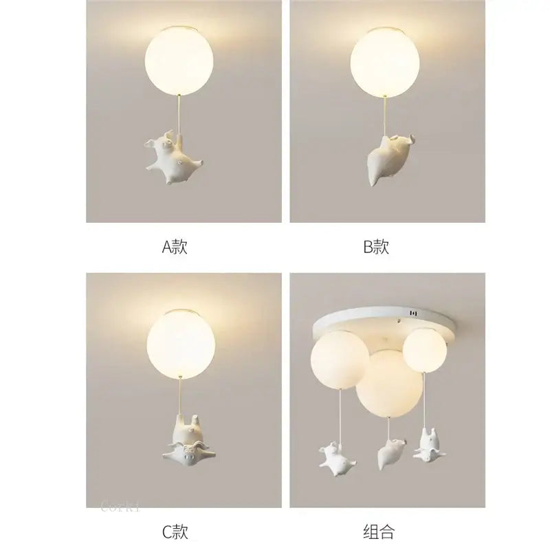 Whimsical white balloon flying pig resin led ceiling light bedroom