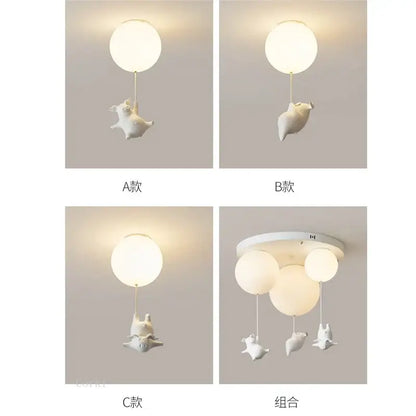 Whimsical white balloon flying pig resin led ceiling light bedroom