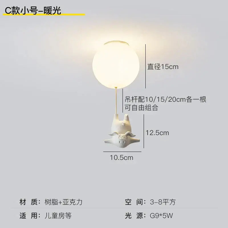 Whimsical white balloon flying pig resin led ceiling light bedroom