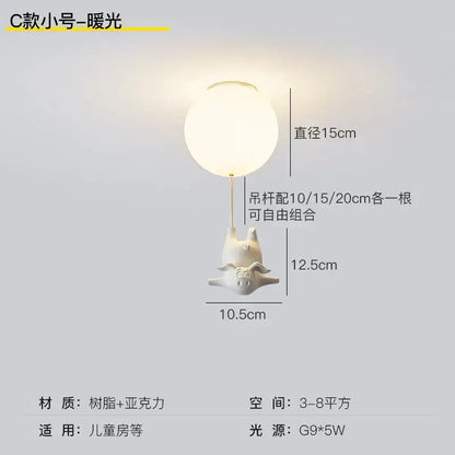 Whimsical white balloon flying pig resin led ceiling light bedroom