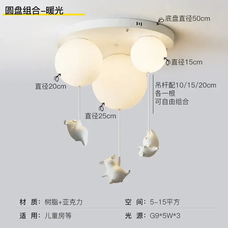 Whimsical white balloon flying pig resin led ceiling light bedroom