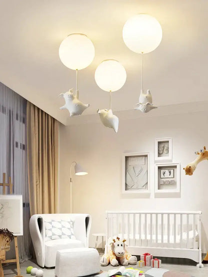 Whimsical white balloon flying pig resin led ceiling light bedroom