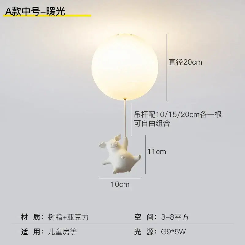 Whimsical white balloon flying pig resin led ceiling light bedroom