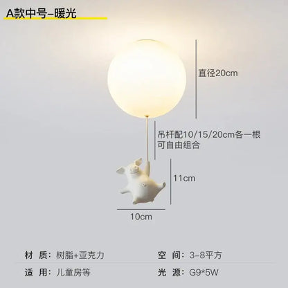 Whimsical white balloon flying pig resin led ceiling light bedroom