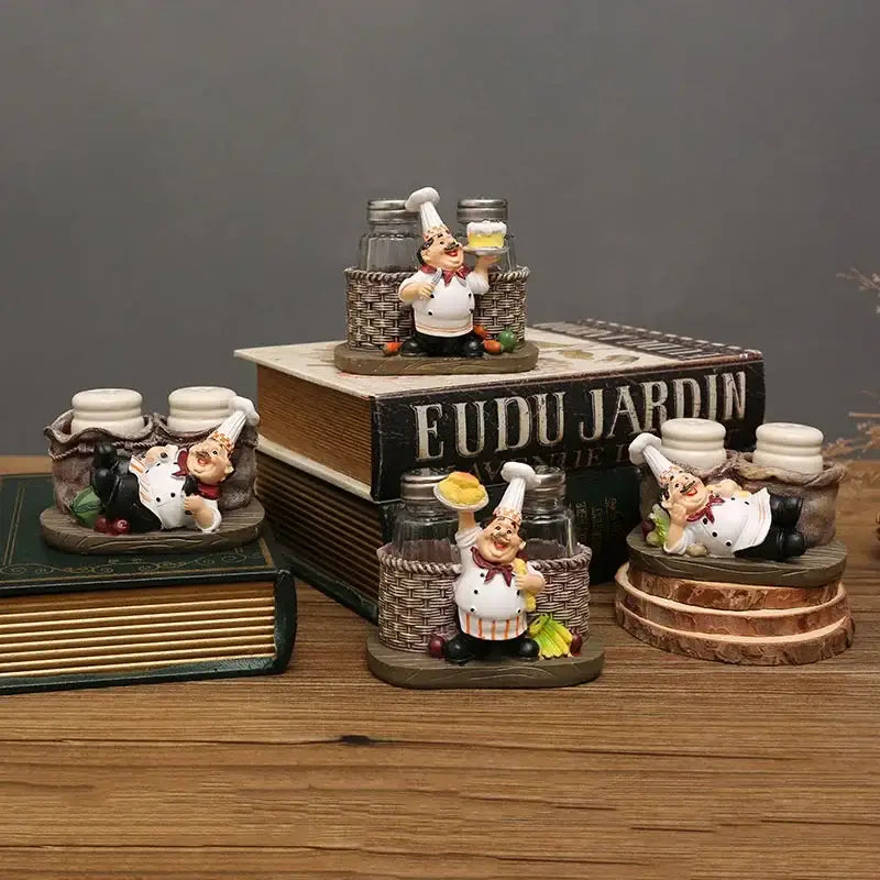 Whimsical white bearded chef resin figure set kitchen decor