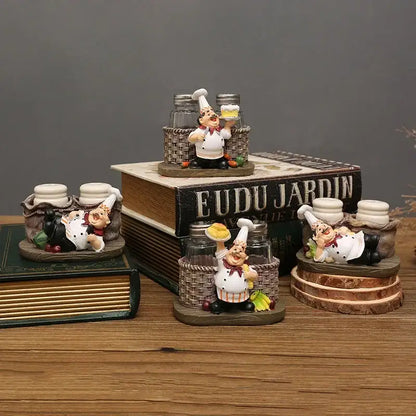 Whimsical white bearded chef resin figure set kitchen decor