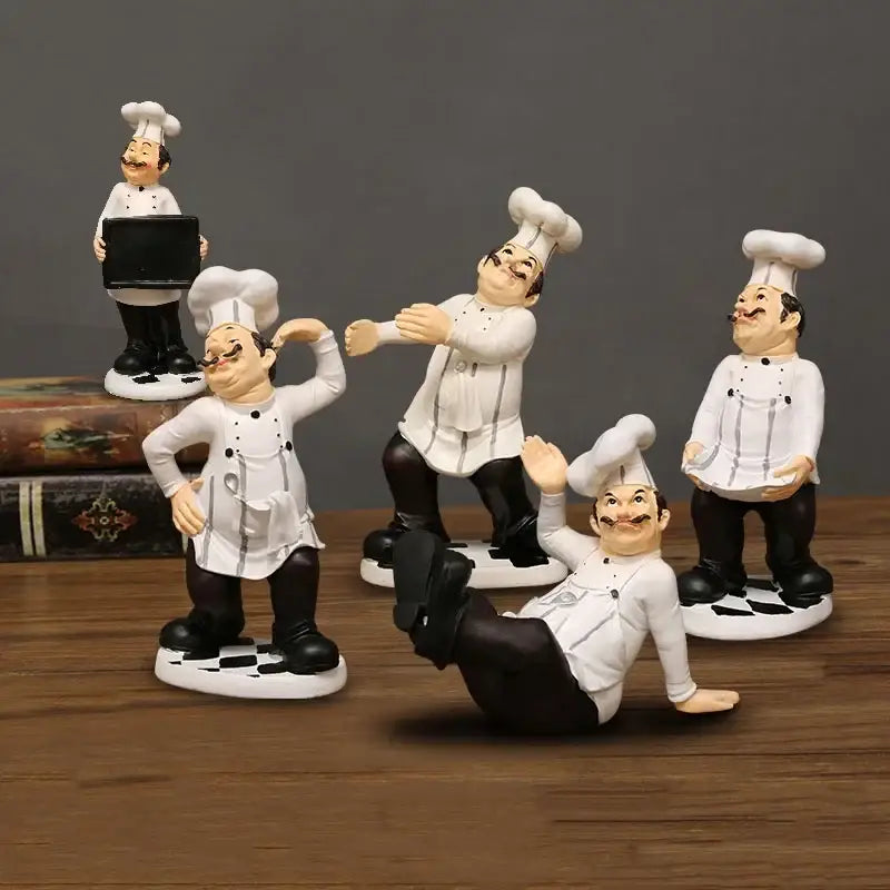 Whimsical white bearded chef resin figure set kitchen decor
