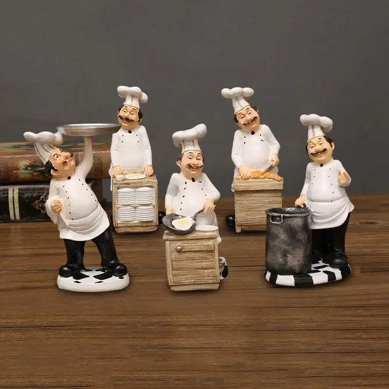 Whimsical white bearded chef resin figure set kitchen decor