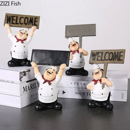 Whimsical white bearded chef resin figure set kitchen decor