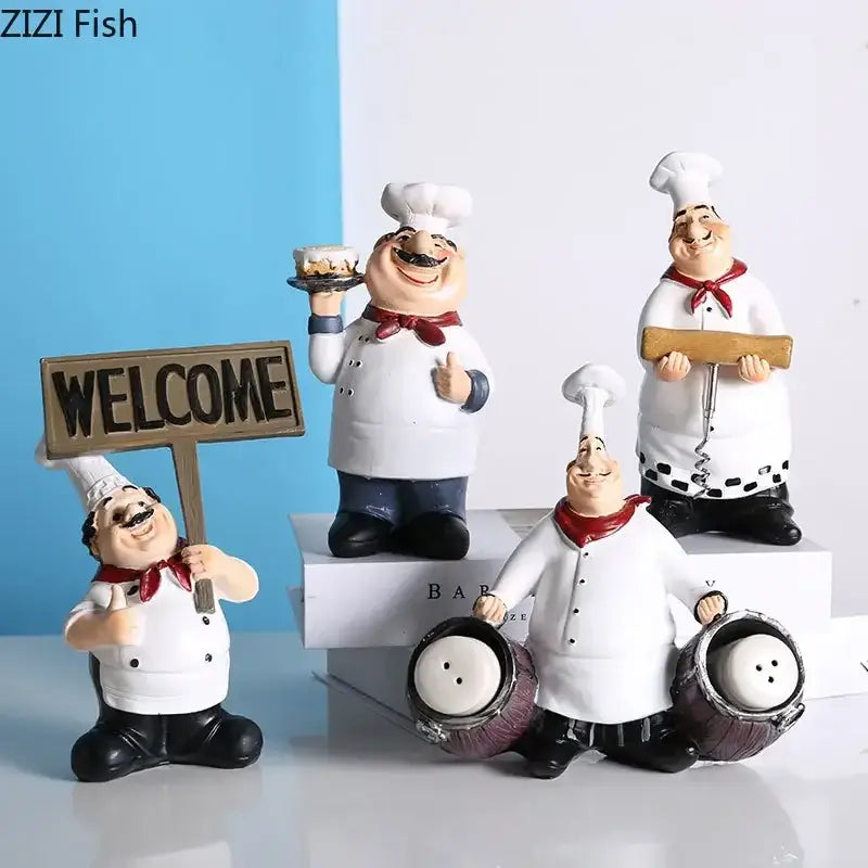 Whimsical white bearded chef resin figure set kitchen decor