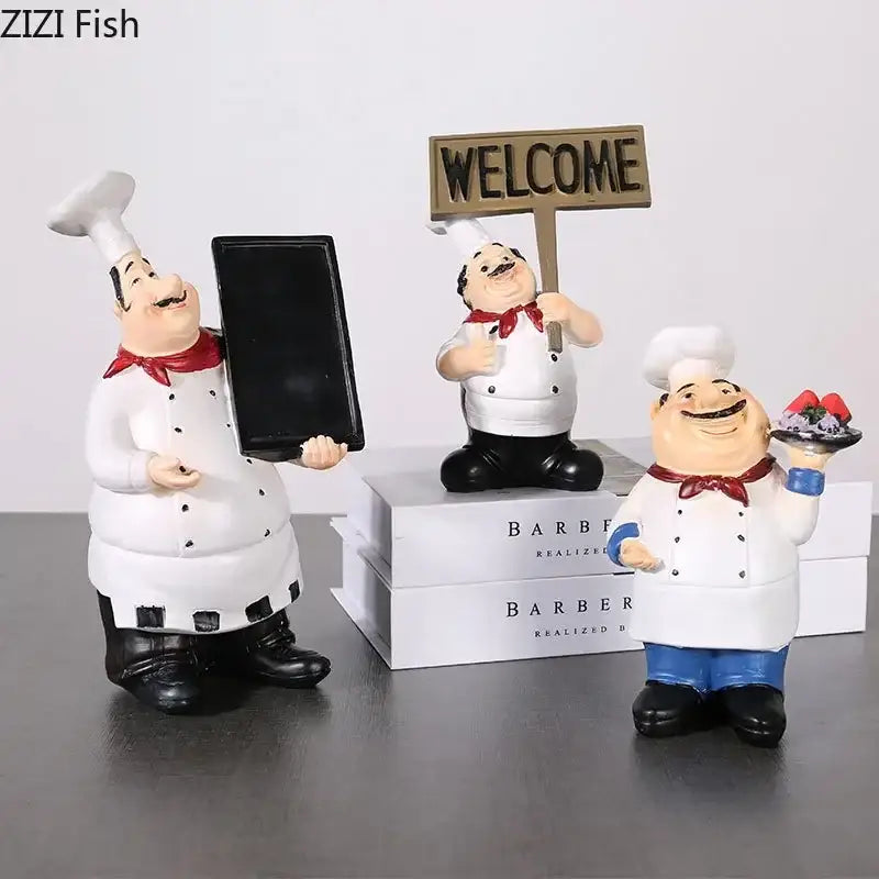 Whimsical white bearded chef resin figure set kitchen decor