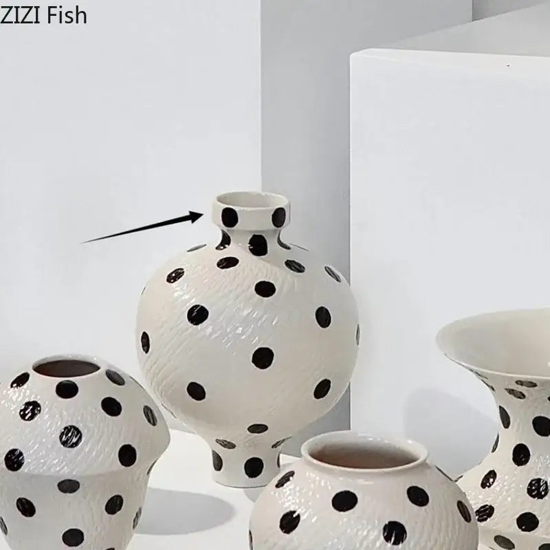 White and black polka dot wavy ceramic vase living room decor