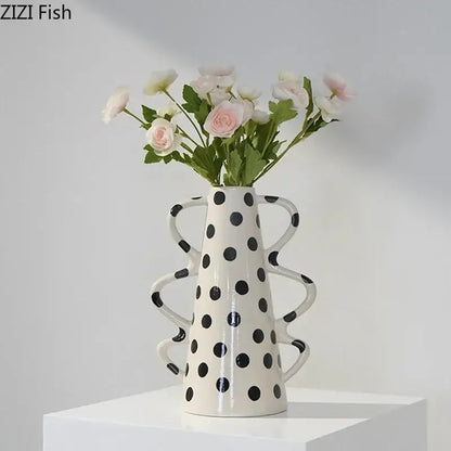 White and black polka dot wavy ceramic vase living room decor