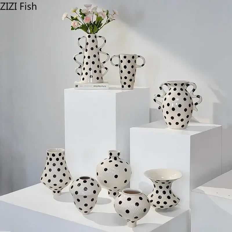 White and black polka dot wavy ceramic vase living room decor