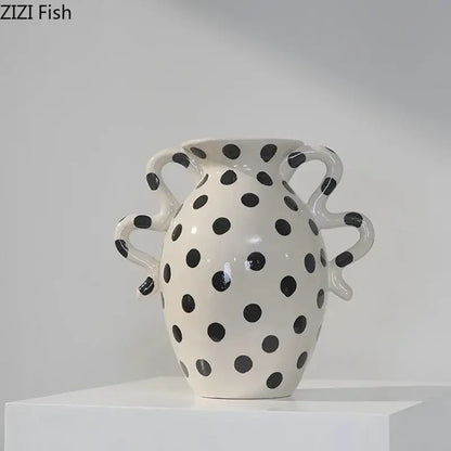 White and black polka dot wavy ceramic vase living room decor