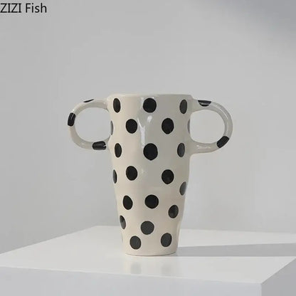 White and black polka dot wavy ceramic vase living room decor