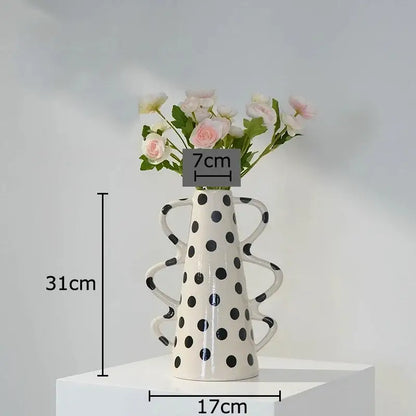 White and black polka dot wavy ceramic vase living room decor