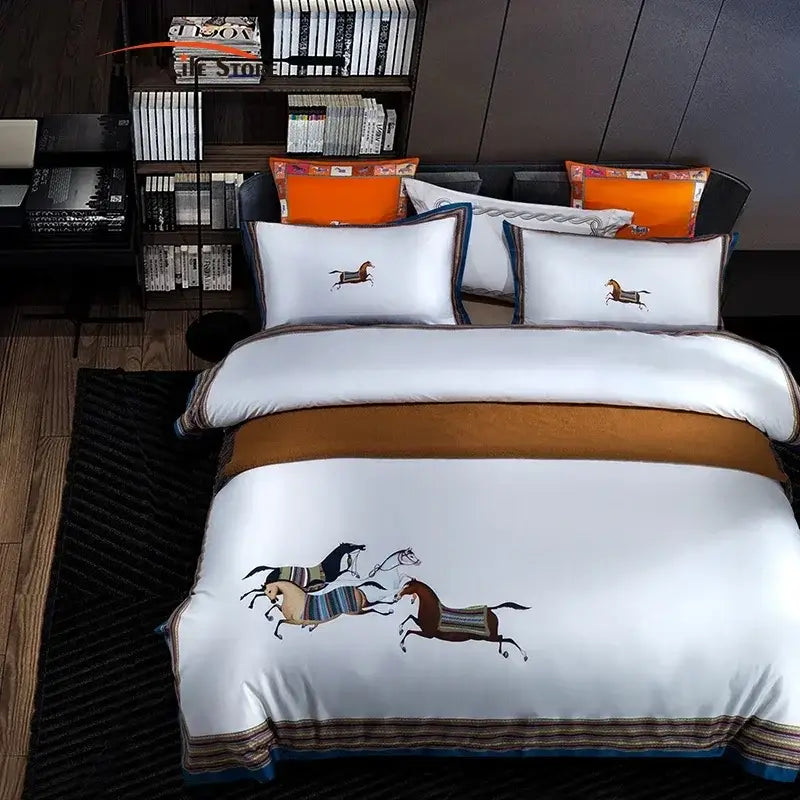 White and brown galloping horse luxury bedding set bedroom decor