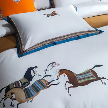 White and brown galloping horse luxury bedding set bedroom decor
