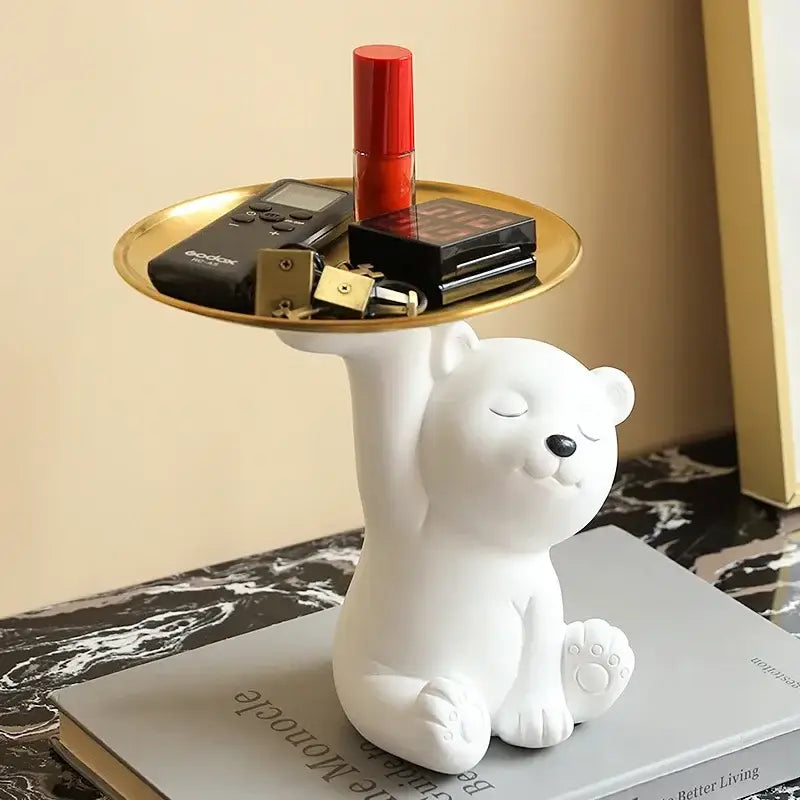 White and gold bear figurine storage box living room decor
