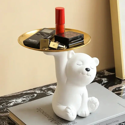 White and gold bear figurine storage box living room decor
