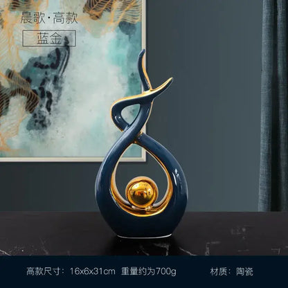 White and gold ceramic abstract figurine set for living room decor