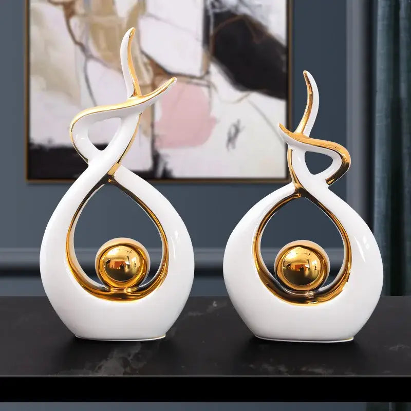White and gold ceramic abstract figurine set for living room decor