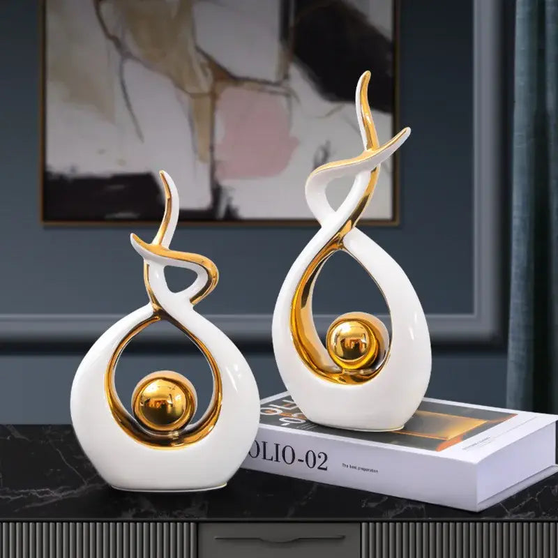 White and gold ceramic abstract figurine set for living room decor