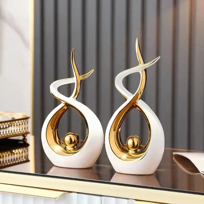 White and gold ceramic abstract figurine set for living room decor