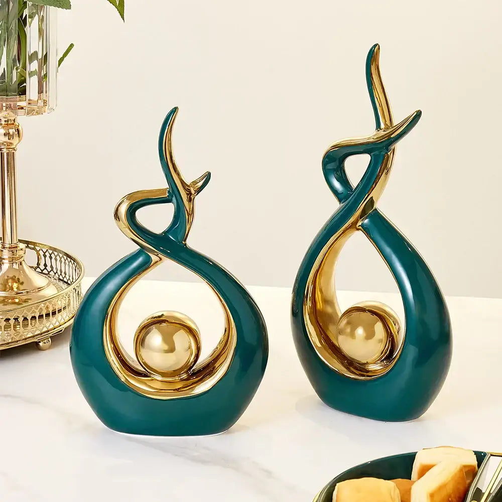 White and gold ceramic abstract figurine set for living room decor