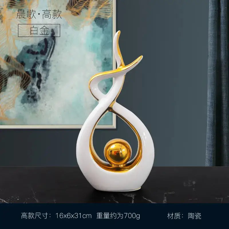 White and gold ceramic abstract figurine set for living room decor