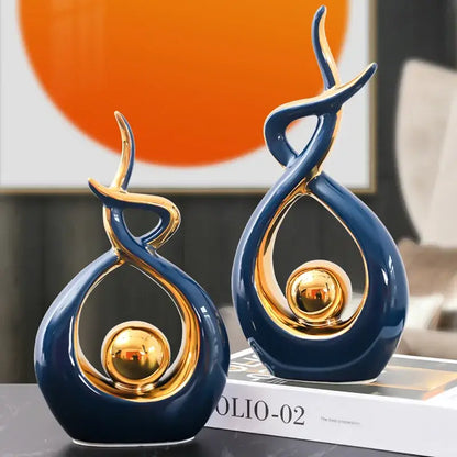 White and gold ceramic abstract figurine set for living room decor