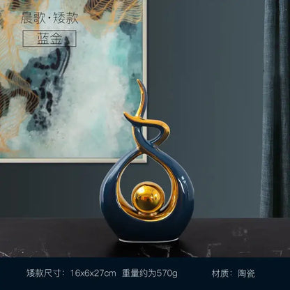 White and gold ceramic abstract figurine set for living room decor