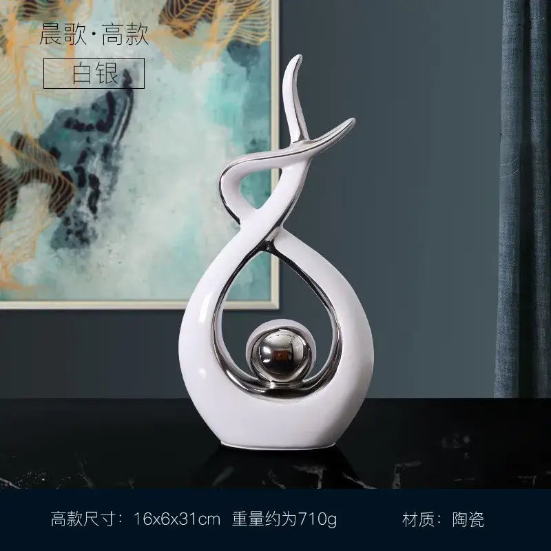 White and gold ceramic abstract figurine set for living room decor